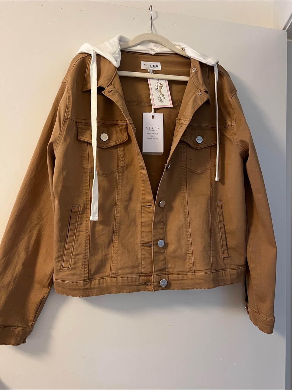 Risen Tan Hooded Utility Jacket with Contrast Cream Hood